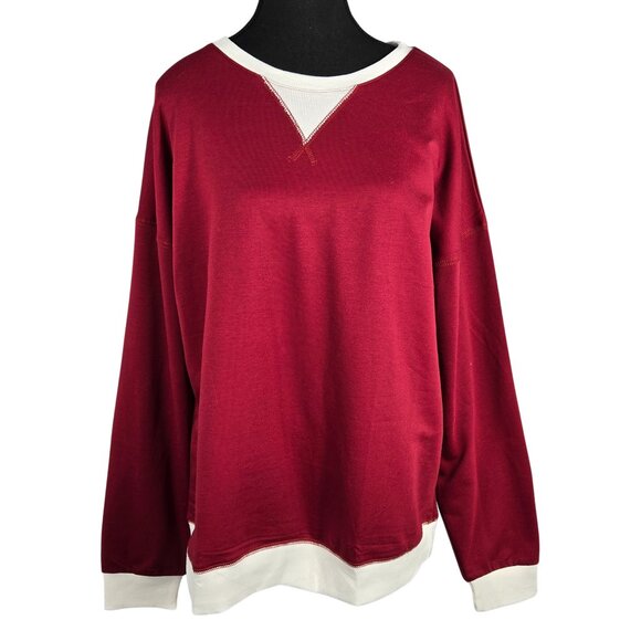 NWT | Burgundy Red Crewneck Sweatshirt White Contrast Trim Pullover | Small - Picture 1 of 5